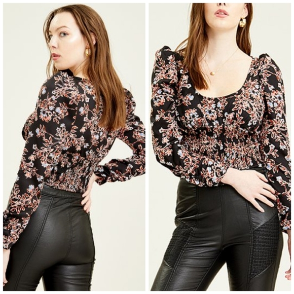 Free People Womens Santiago Printed Smocked Crop Top Black Floral - Picture 3 of 9